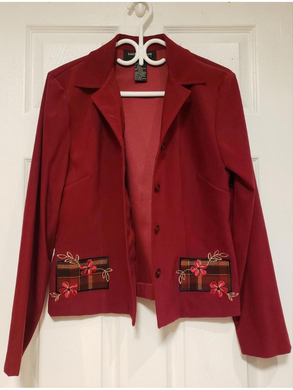 Vtg Sag Harbor Dress Burgundy Embroidered Long Sleeve Women's Blazer Sz S